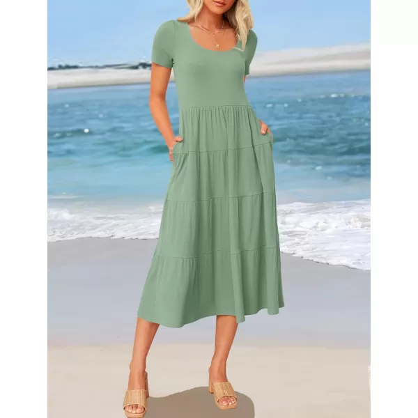 imageZESICA Womens 2024 Summer Casual T Shirt Dress Short Sleeve Scoop Neck Flowy Tiered Beach Midi Dresses with PocketsSagegreen