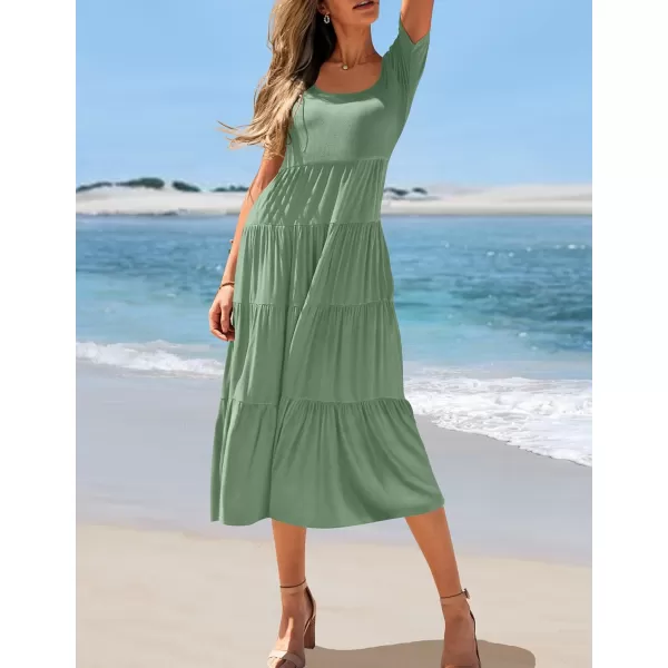 imageZESICA Womens 2024 Summer Casual T Shirt Dress Short Sleeve Scoop Neck Flowy Tiered Beach Midi Dresses with PocketsSagegreen