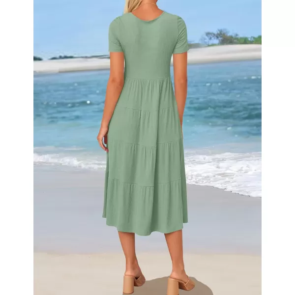 imageZESICA Womens 2024 Summer Casual T Shirt Dress Short Sleeve Scoop Neck Flowy Tiered Beach Midi Dresses with PocketsSagegreen