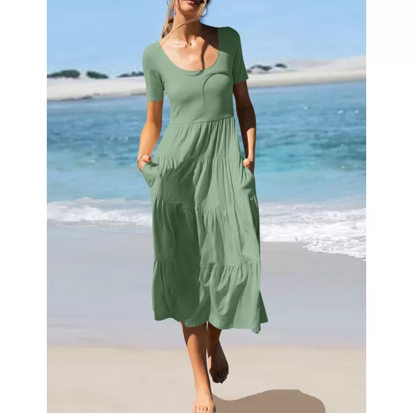 imageZESICA Womens 2024 Summer Casual T Shirt Dress Short Sleeve Scoop Neck Flowy Tiered Beach Midi Dresses with PocketsSagegreen