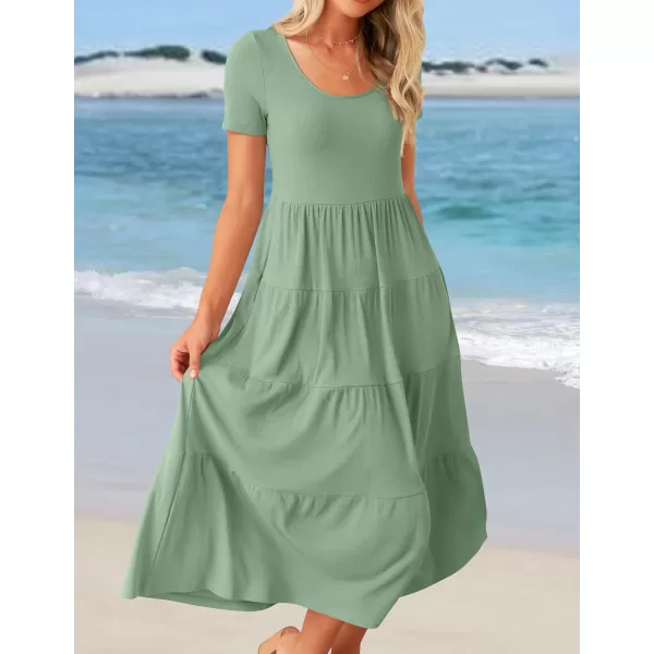 imageZESICA Womens 2024 Summer Casual T Shirt Dress Short Sleeve Scoop Neck Flowy Tiered Beach Midi Dresses with PocketsSagegreen