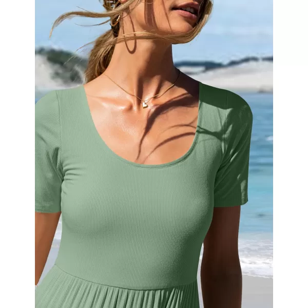 imageZESICA Womens 2024 Summer Casual T Shirt Dress Short Sleeve Scoop Neck Flowy Tiered Beach Midi Dresses with PocketsSagegreen