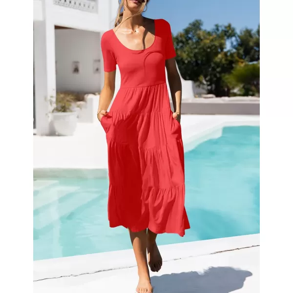 imageZESICA Womens 2024 Summer Casual T Shirt Dress Short Sleeve Scoop Neck Flowy Tiered Beach Midi Dresses with PocketsWatermelonred