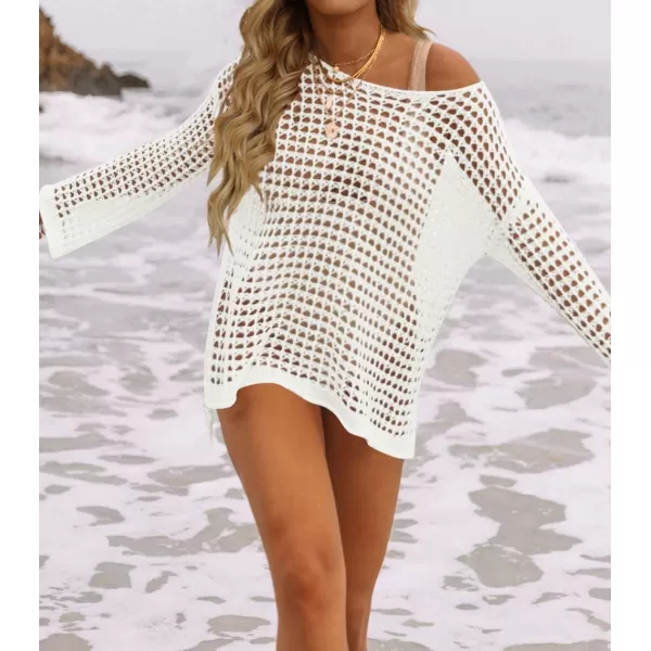 imageZESICA Womens 2024 Summer Crochet Hollow Out Long Sleeve Beach Bikini Swimsuit Mesh Cover Up Tunic TopApricot