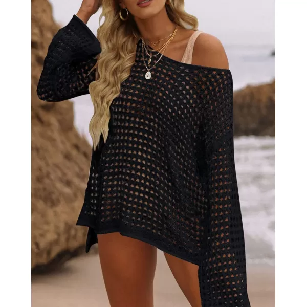 imageZESICA Womens 2024 Summer Crochet Hollow Out Long Sleeve Beach Bikini Swimsuit Mesh Cover Up Tunic TopBlack