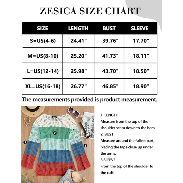 imageZESICA Womens 2024 Summer Crochet Hollow Out Long Sleeve Beach Bikini Swimsuit Mesh Cover Up Tunic TopBluegreen