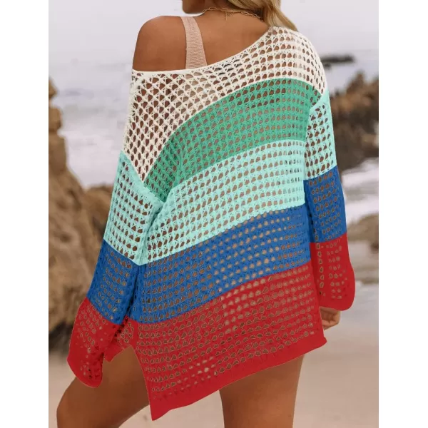 imageZESICA Womens 2024 Summer Crochet Hollow Out Long Sleeve Beach Bikini Swimsuit Mesh Cover Up Tunic TopBluegreen