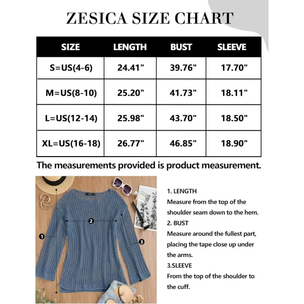 imageZESICA Womens 2024 Summer Crochet Hollow Out Long Sleeve Beach Bikini Swimsuit Mesh Cover Up Tunic TopDustyblue