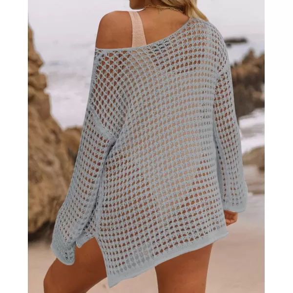 imageZESICA Womens 2024 Summer Crochet Hollow Out Long Sleeve Beach Bikini Swimsuit Mesh Cover Up Tunic TopGrey