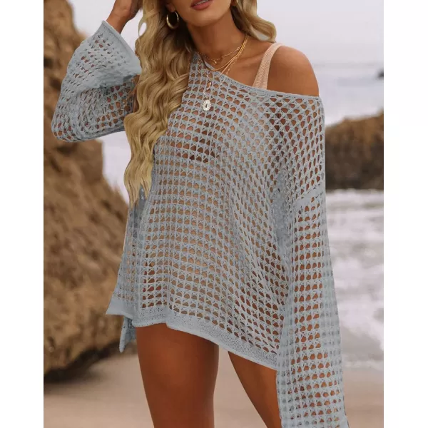 imageZESICA Womens 2024 Summer Crochet Hollow Out Long Sleeve Beach Bikini Swimsuit Mesh Cover Up Tunic TopGrey