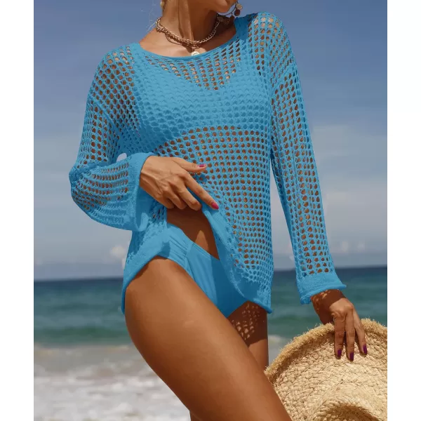 imageZESICA Womens 2024 Summer Crochet Hollow Out Long Sleeve Beach Bikini Swimsuit Mesh Cover Up Tunic TopLakeblue