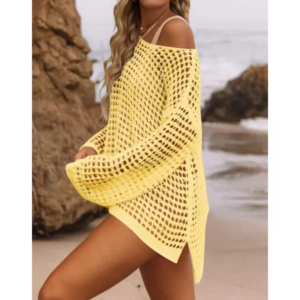 imageZESICA Womens 2024 Summer Crochet Hollow Out Long Sleeve Beach Bikini Swimsuit Mesh Cover Up Tunic TopLightyellow