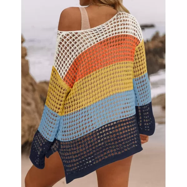 imageZESICA Womens 2024 Summer Crochet Hollow Out Long Sleeve Beach Bikini Swimsuit Mesh Cover Up Tunic TopNavy