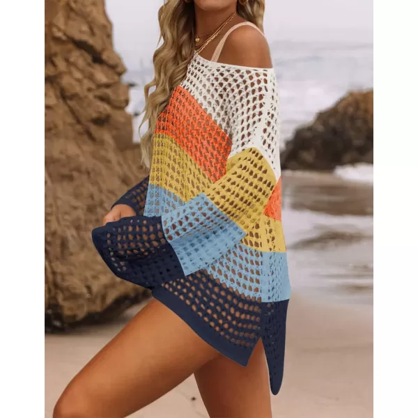 imageZESICA Womens 2024 Summer Crochet Hollow Out Long Sleeve Beach Bikini Swimsuit Mesh Cover Up Tunic TopNavy
