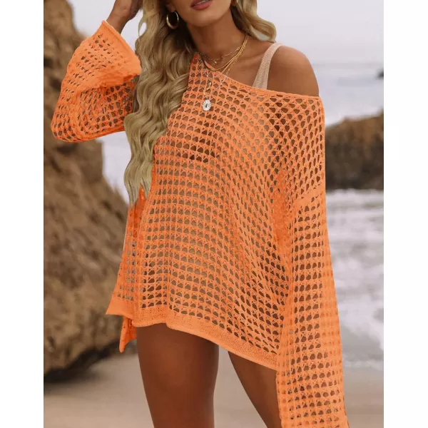 imageZESICA Womens 2024 Summer Crochet Hollow Out Long Sleeve Beach Bikini Swimsuit Mesh Cover Up Tunic TopOrange