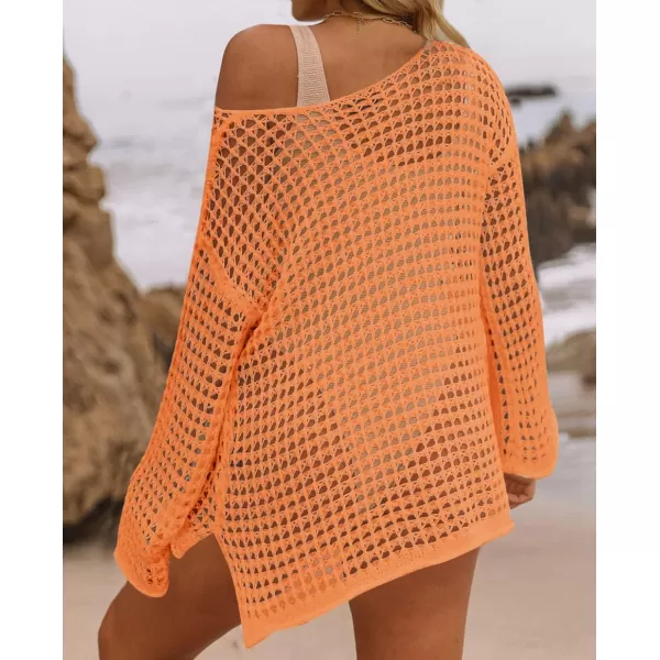 imageZESICA Womens 2024 Summer Crochet Hollow Out Long Sleeve Beach Bikini Swimsuit Mesh Cover Up Tunic TopOrange