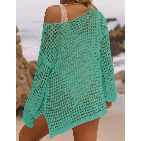 imageZESICA Womens 2024 Summer Crochet Hollow Out Long Sleeve Beach Bikini Swimsuit Mesh Cover Up Tunic TopPeacock
