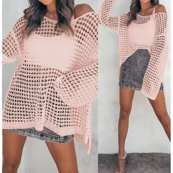 imageZESICA Womens 2024 Summer Crochet Hollow Out Long Sleeve Beach Bikini Swimsuit Mesh Cover Up Tunic TopPink