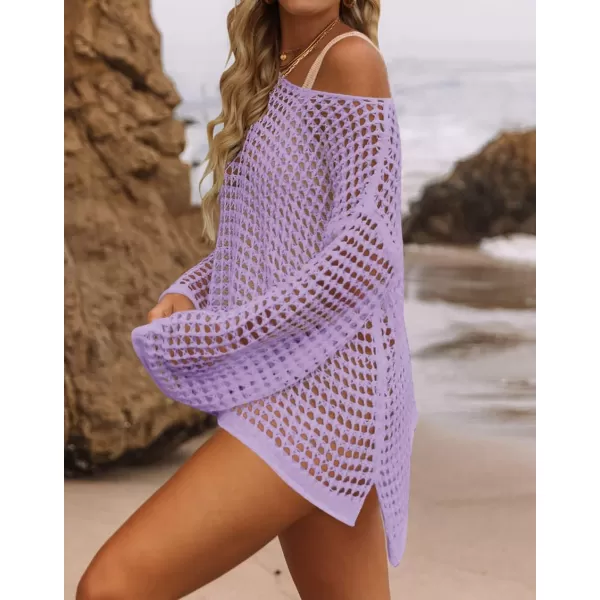 imageZESICA Womens 2024 Summer Crochet Hollow Out Long Sleeve Beach Bikini Swimsuit Mesh Cover Up Tunic TopPurple