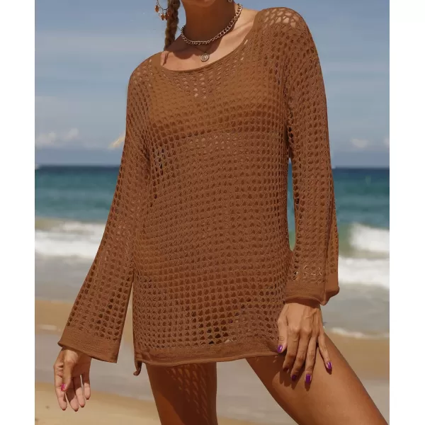 imageZESICA Womens 2024 Summer Crochet Hollow Out Long Sleeve Beach Bikini Swimsuit Mesh Cover Up Tunic TopRedbrown