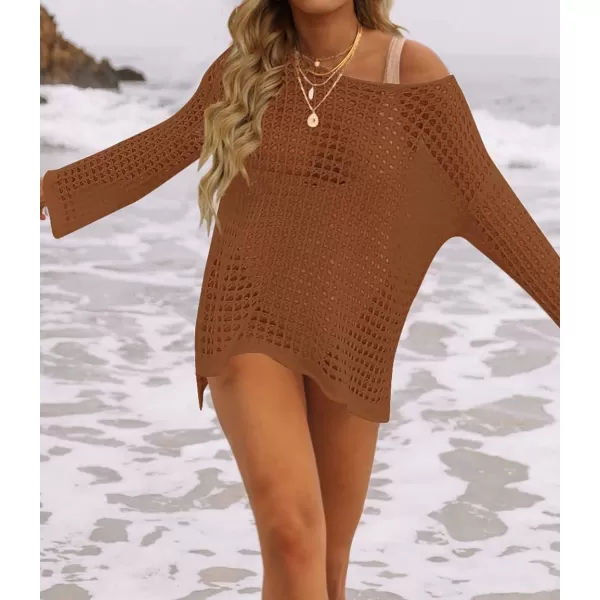 imageZESICA Womens 2024 Summer Crochet Hollow Out Long Sleeve Beach Bikini Swimsuit Mesh Cover Up Tunic TopRedbrown