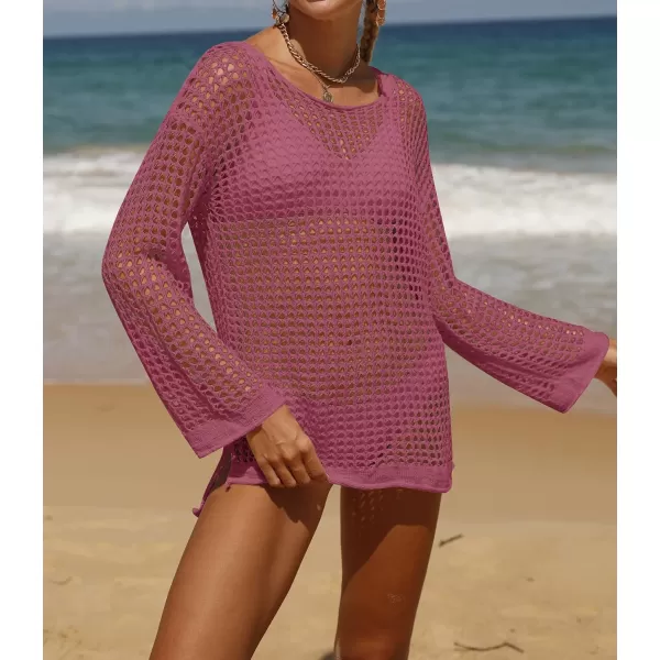 imageZESICA Womens 2024 Summer Crochet Hollow Out Long Sleeve Beach Bikini Swimsuit Mesh Cover Up Tunic TopRose