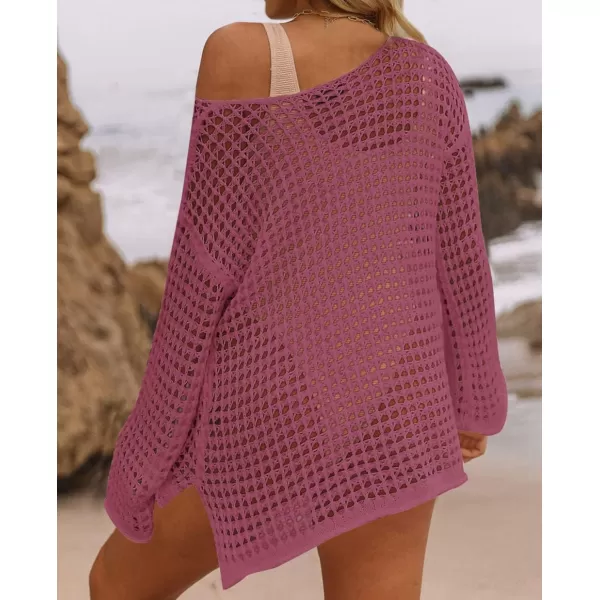 imageZESICA Womens 2024 Summer Crochet Hollow Out Long Sleeve Beach Bikini Swimsuit Mesh Cover Up Tunic TopRose