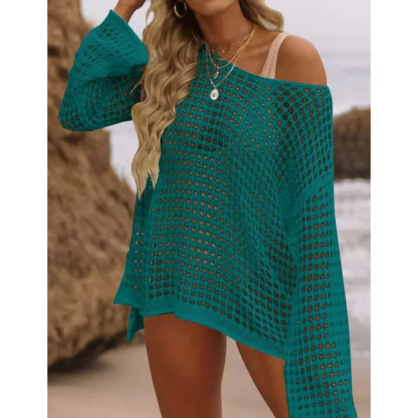 imageZESICA Womens 2024 Summer Crochet Hollow Out Long Sleeve Beach Bikini Swimsuit Mesh Cover Up Tunic TopTeal
