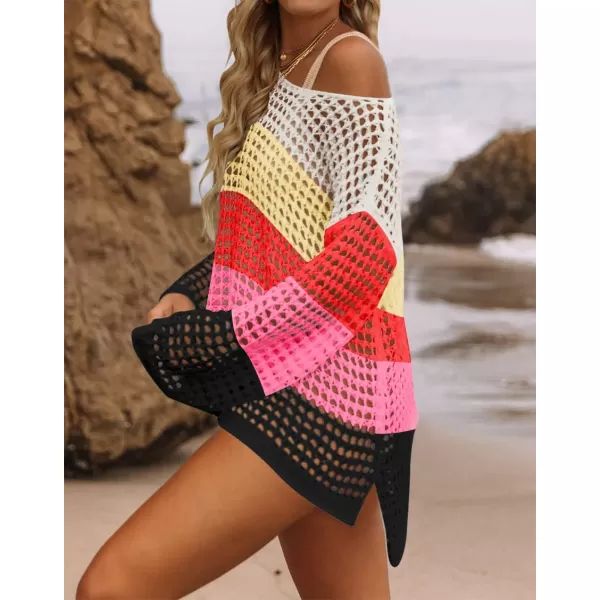imageZESICA Womens 2024 Summer Crochet Hollow Out Long Sleeve Beach Bikini Swimsuit Mesh Cover Up Tunic TopWatermelon