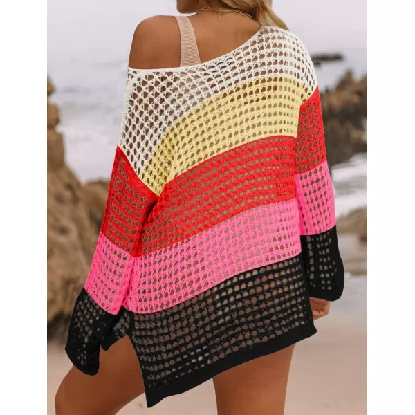 imageZESICA Womens 2024 Summer Crochet Hollow Out Long Sleeve Beach Bikini Swimsuit Mesh Cover Up Tunic TopWatermelon