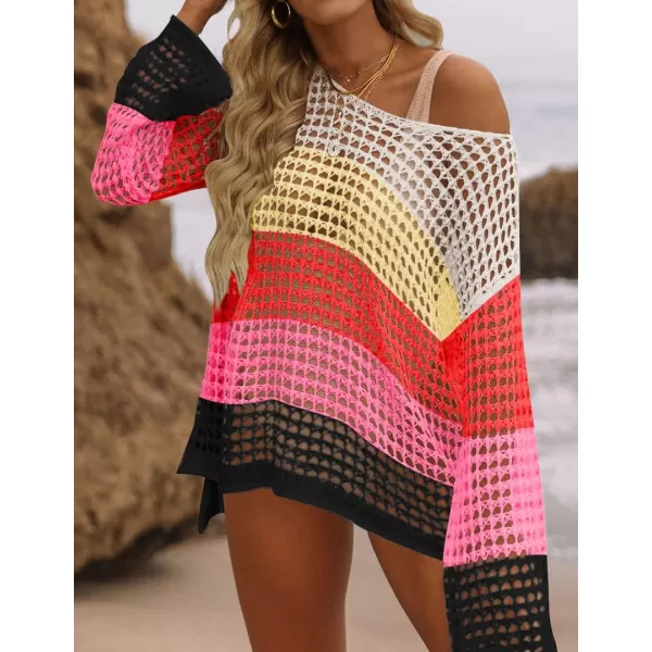 imageZESICA Womens 2024 Summer Crochet Hollow Out Long Sleeve Beach Bikini Swimsuit Mesh Cover Up Tunic TopWatermelon