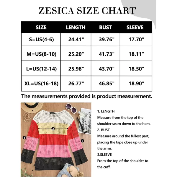imageZESICA Womens 2024 Summer Crochet Hollow Out Long Sleeve Beach Bikini Swimsuit Mesh Cover Up Tunic TopWatermelon