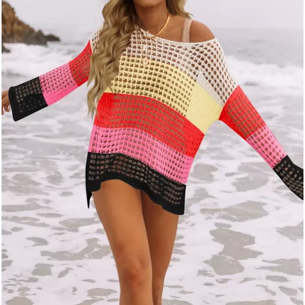 imageZESICA Womens 2024 Summer Crochet Hollow Out Long Sleeve Beach Bikini Swimsuit Mesh Cover Up Tunic TopWatermelon