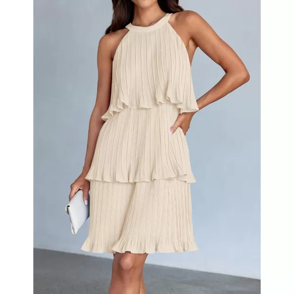 imageZESICA Womens 2024 Summer Halter Dresses Sleeveless Ruffle Tiered Layered Chiffon Pleated A Line Swing Mini DressApricot