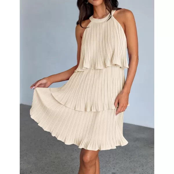 imageZESICA Womens 2024 Summer Halter Dresses Sleeveless Ruffle Tiered Layered Chiffon Pleated A Line Swing Mini DressApricot