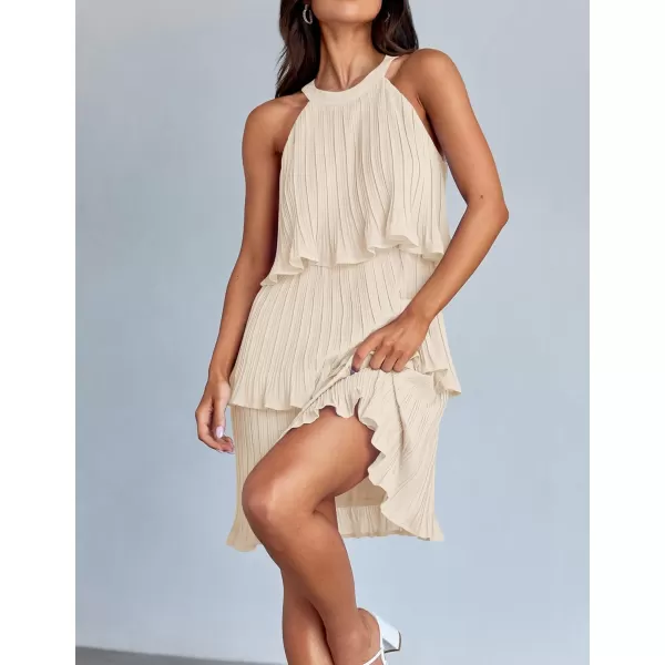imageZESICA Womens 2024 Summer Halter Dresses Sleeveless Ruffle Tiered Layered Chiffon Pleated A Line Swing Mini DressApricot