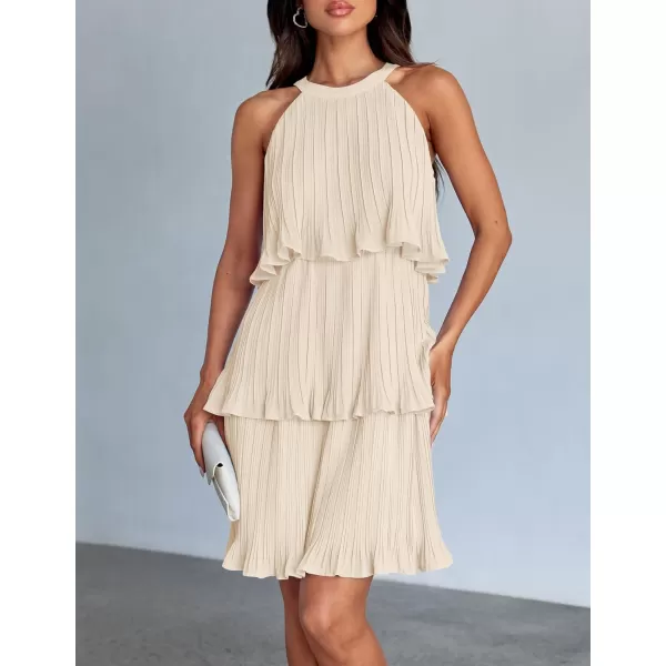 imageZESICA Womens 2024 Summer Halter Dresses Sleeveless Ruffle Tiered Layered Chiffon Pleated A Line Swing Mini DressApricot