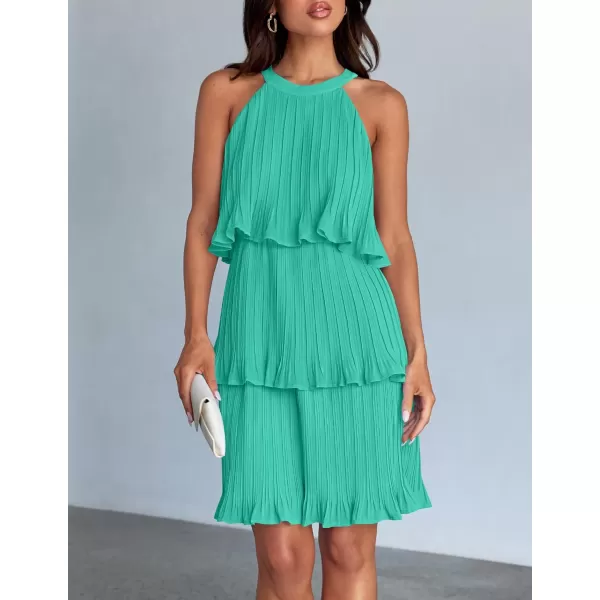 imageZESICA Womens 2024 Summer Halter Dresses Sleeveless Ruffle Tiered Layered Chiffon Pleated A Line Swing Mini DressAqua