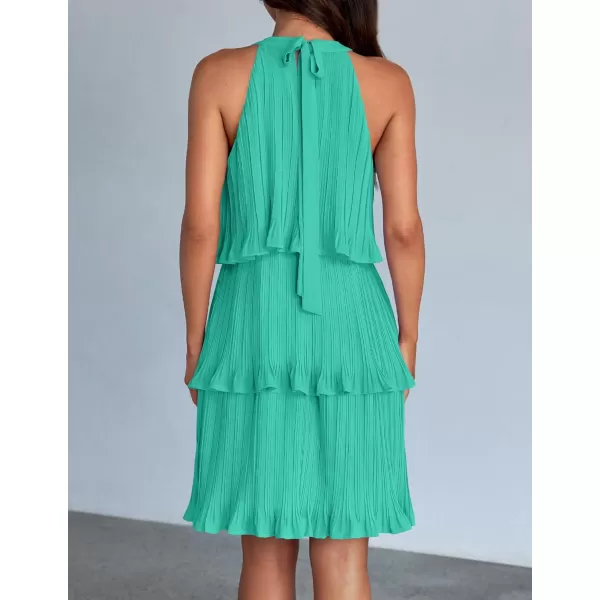 imageZESICA Womens 2024 Summer Halter Dresses Sleeveless Ruffle Tiered Layered Chiffon Pleated A Line Swing Mini DressAqua