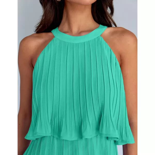 imageZESICA Womens 2024 Summer Halter Dresses Sleeveless Ruffle Tiered Layered Chiffon Pleated A Line Swing Mini DressAqua