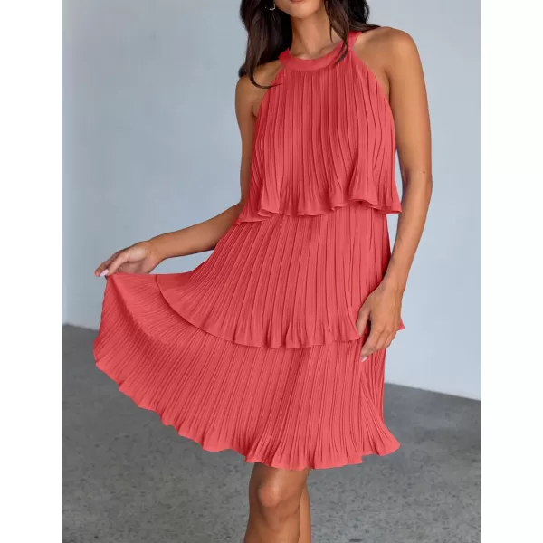 imageZESICA Womens 2024 Summer Halter Dresses Sleeveless Ruffle Tiered Layered Chiffon Pleated A Line Swing Mini DressCoral