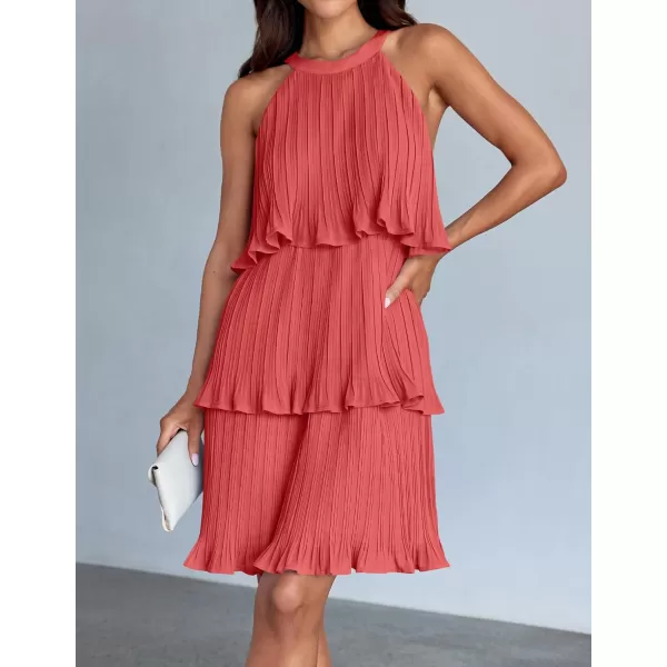 imageZESICA Womens 2024 Summer Halter Dresses Sleeveless Ruffle Tiered Layered Chiffon Pleated A Line Swing Mini DressCoral