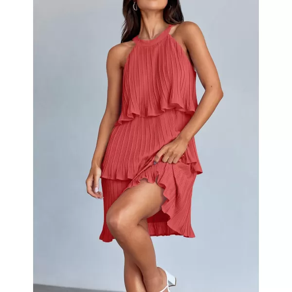 imageZESICA Womens 2024 Summer Halter Dresses Sleeveless Ruffle Tiered Layered Chiffon Pleated A Line Swing Mini DressCoral