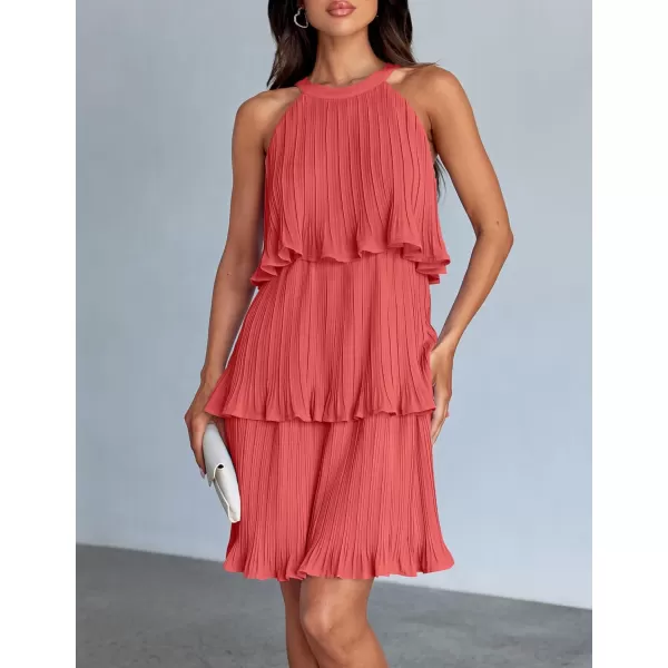 imageZESICA Womens 2024 Summer Halter Dresses Sleeveless Ruffle Tiered Layered Chiffon Pleated A Line Swing Mini DressCoral