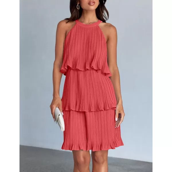 imageZESICA Womens 2024 Summer Halter Dresses Sleeveless Ruffle Tiered Layered Chiffon Pleated A Line Swing Mini DressCoral