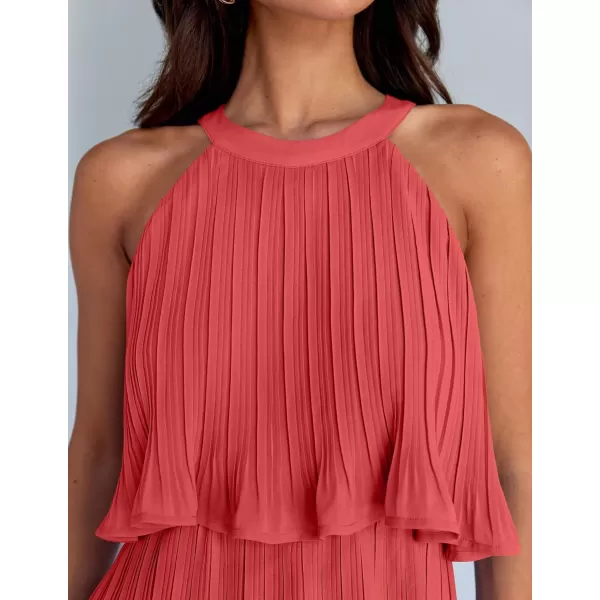 imageZESICA Womens 2024 Summer Halter Dresses Sleeveless Ruffle Tiered Layered Chiffon Pleated A Line Swing Mini DressCoral