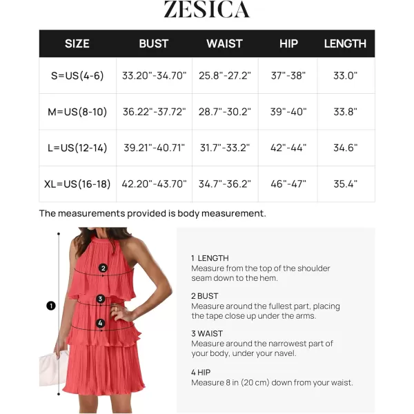 imageZESICA Womens 2024 Summer Halter Dresses Sleeveless Ruffle Tiered Layered Chiffon Pleated A Line Swing Mini DressCoral