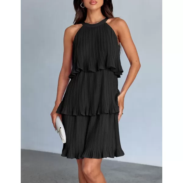 imageZESICA Womens 2024 Summer Halter Dresses Sleeveless Ruffle Tiered Layered Chiffon Pleated A Line Swing Mini DressDark Black