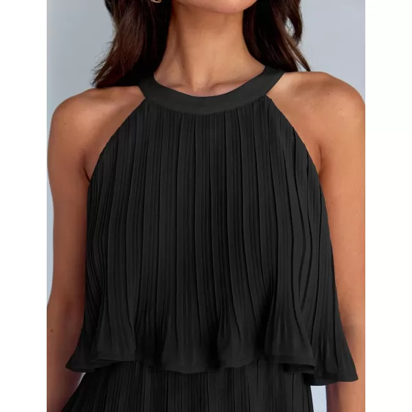 imageZESICA Womens 2024 Summer Halter Dresses Sleeveless Ruffle Tiered Layered Chiffon Pleated A Line Swing Mini DressDark Black