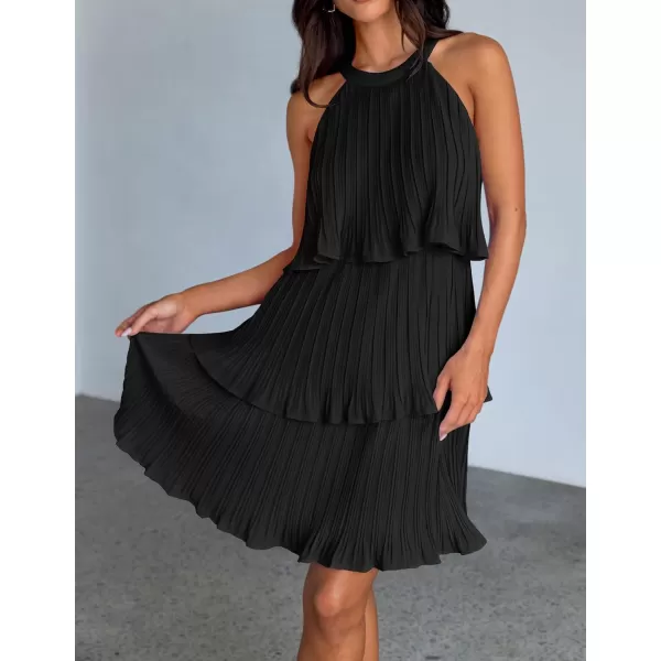 imageZESICA Womens 2024 Summer Halter Dresses Sleeveless Ruffle Tiered Layered Chiffon Pleated A Line Swing Mini DressDark Black
